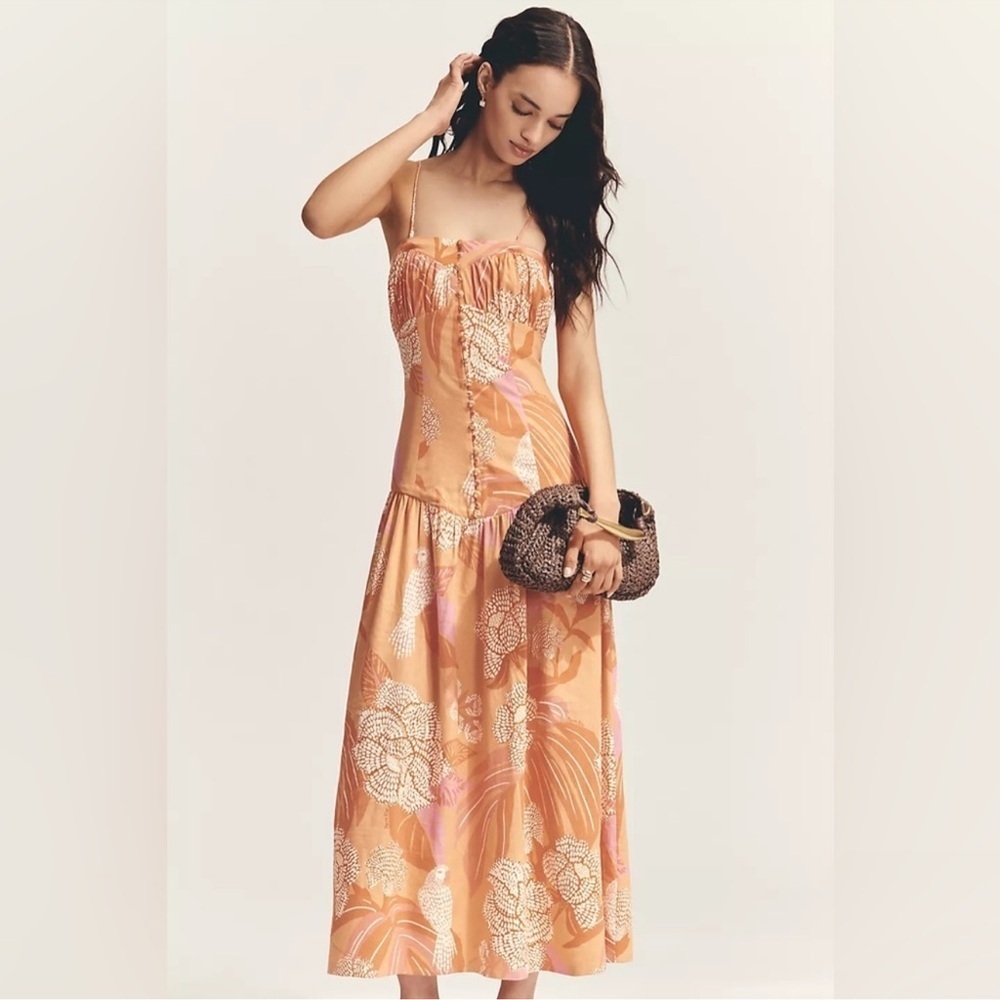 NWT! FARM RIO ANTHROPOLOGIE Linen Blend Strapless Drop-Waist Maxi Dress 🪨🍊